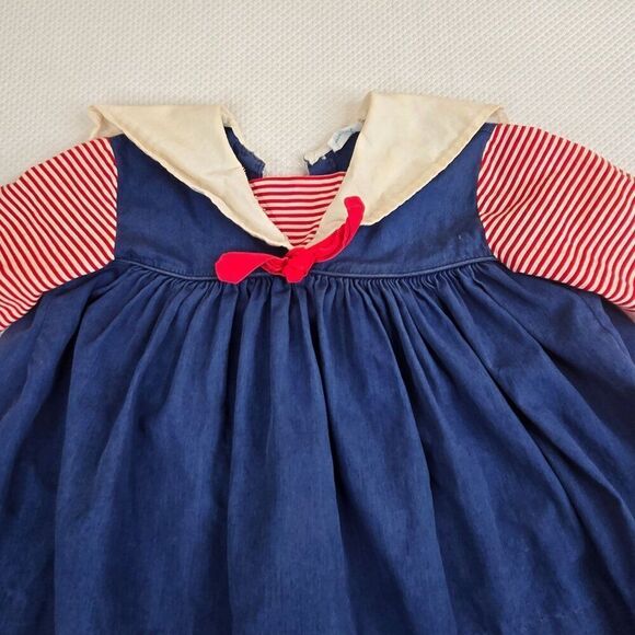 Vintage Nanette Infant Girls Dress 6-9 Mo Nautical Sailor Blue Red - Picture 2 of 7